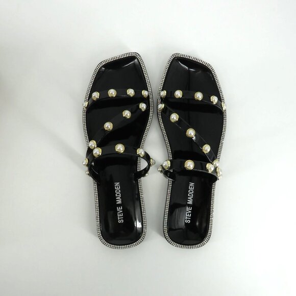 Steve Madden Black Strappy Sandals W/ Faux Pearls & Rhinestones Size 7 NIB - Picture 1 of 6